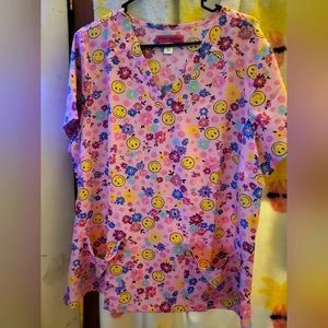 Betsey Johnson Pink with Smiley Faces Womens Scrub Top 2XL